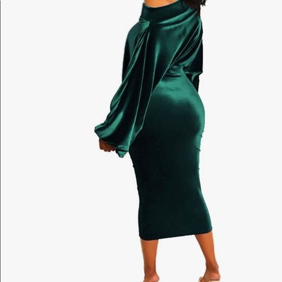 Green Velvet Long Sleeve Dress Sexy Off Shoulder Bodycon Cocktail Par…​​ - Picture 2 of 3